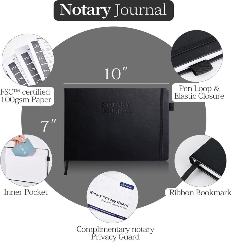 JUBTIC Notary Journal Log Book - Notary Public Journal of Notarial Acts - Notary Supplies with Privacy Guard– Horizontal, 378 Record Entries, 128 Numbered Pages, Hardcover, 10x7″ (Black) - Image 2